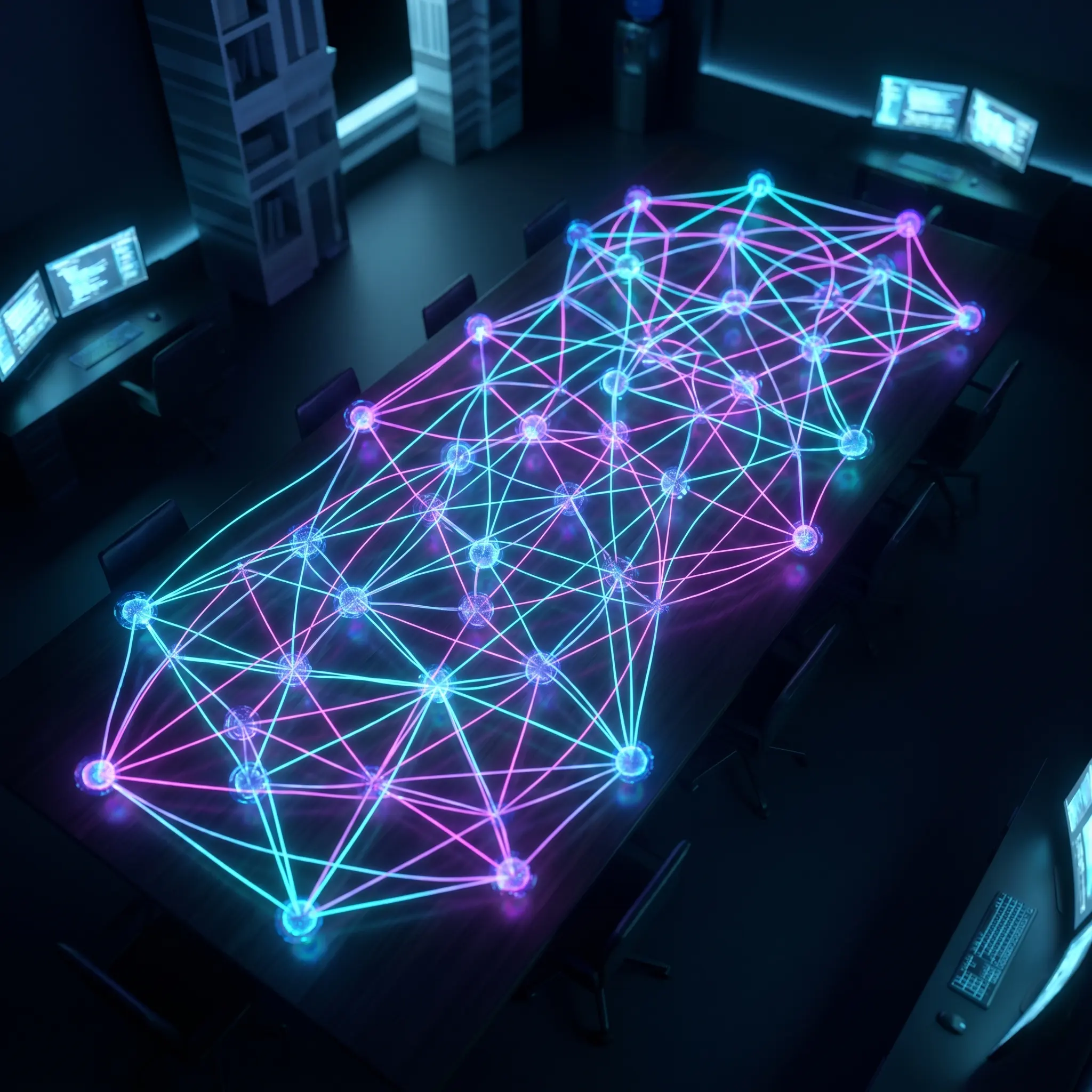 Editorial team table visualized as an illuminated network publication mesh