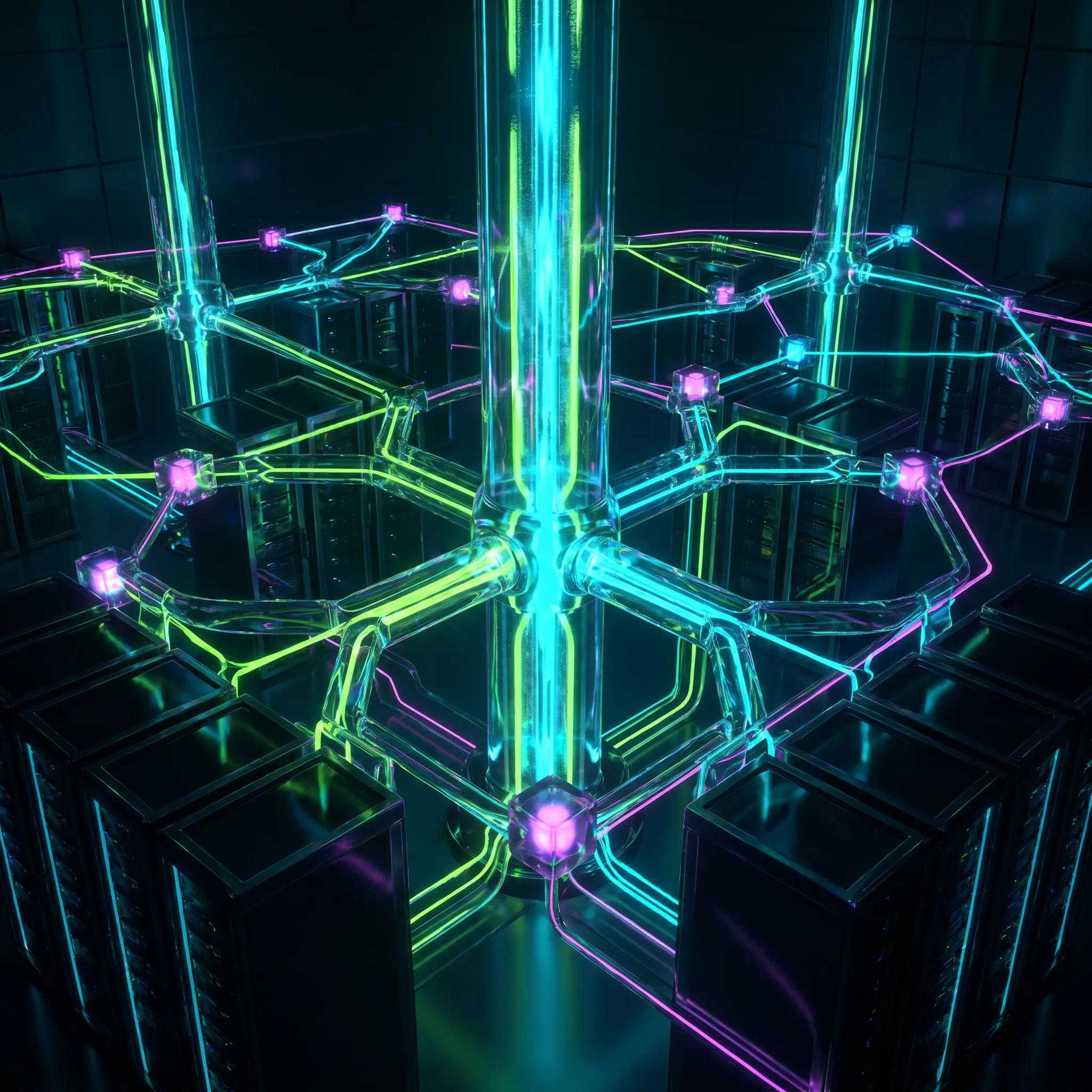 Neon publication backbone core with connected article nodes