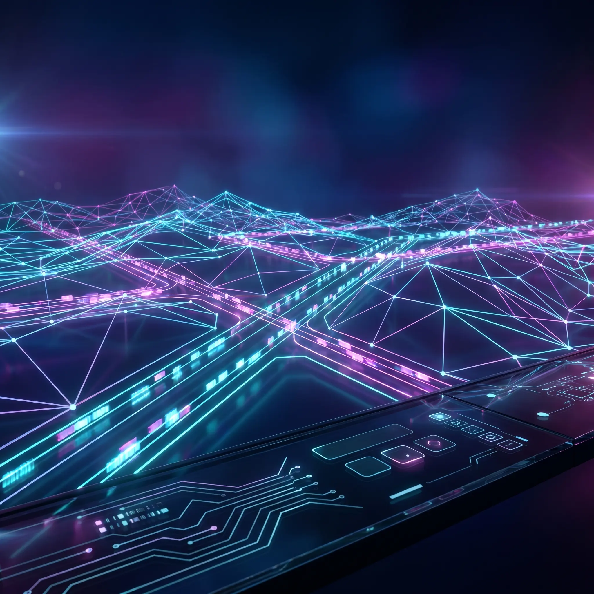 Neon network routing backbone behind a publication mesh