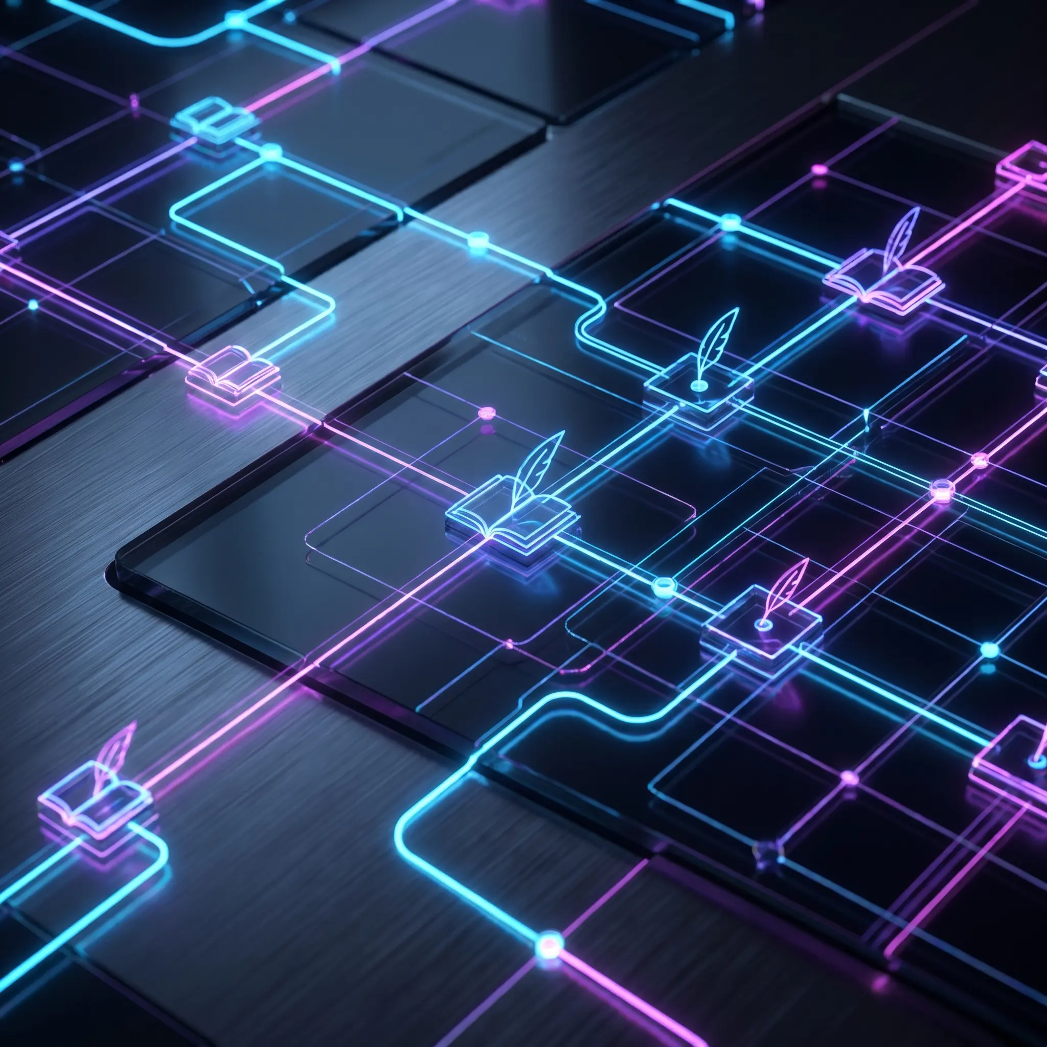 Publication routing map with luminous editorial checkpoints